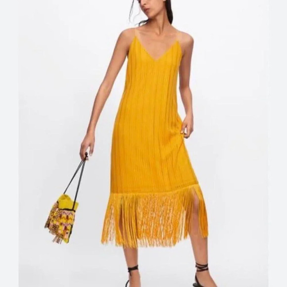 Zara Fringe Hem Midi Dress Marigold  Mustard Yellow Size Small - Picture 10 of 10